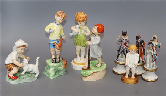 Four Royal Worcester figures by Frieda Doughty (October, Wednesdays Child, Thursdays Child and Joan) and four other figures,